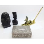 Three Egyptian tourist items and a plated box, hinge a/f