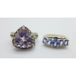 A silver and tanzanite ring and a silver and gem set ring, P and S