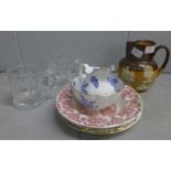 A Royal Doulton harvest jug, Worcester china, two commemorative glass mugs and a plate **PLEASE NOTE