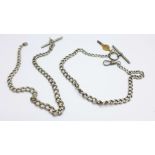 Two silver Albert chains, one lacking clip, 47g
