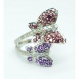 A 9ct white gold, amethyst, ruby and diamond butterfly cocktail ring, 5.9g, O