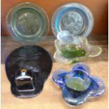 A collection of Humppila Finland glass; candle sconce, two plates and two glass bowls