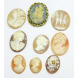 A cameo brooch and nine unmounted cameos, (three a/f)