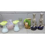 A pair of glass vases, a pair of reproduction Staffordshire greyhounds, two other glass vases and