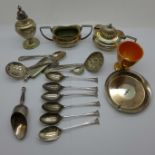 Six silver teaspoons, 74g, a Moorcroft lustre egg cup and plated items