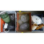Two boxes of mixed glass including heavy vase, four bowls and a box of china, two jugs, a vase,