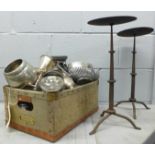 A box of pewter, trivets, candle stands, etc. **PLEASE NOTE THIS LOT IS NOT ELIGIBLE FOR POSTING AND