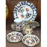 Royal Crown Derby: a 2451 pattern plate circa 1914, two pin trays, one a/f, a 1128 pattern cup and