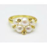 A silver gilt and freshwater pearl cluster ring, N