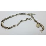 A silver Albert chain with graduated links, with articulated fish and drilled coins fob, 56g, fish