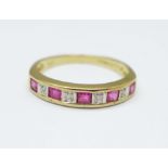 A 9ct gold, ruby and diamond ring, 1.6g, M