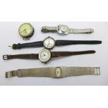 Two silver cased lady's wristwatches, (one lacking button), and three other lady's wristwatches, (