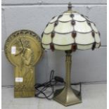 An Art Nouveau style wall clock and a table lamp **PLEASE NOTE THIS LOT IS NOT ELIGIBLE FOR