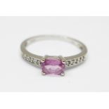 A 9ct white gold, pink sapphire ring with diamond shoulders, 1.8g, M