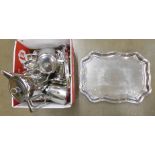A box of stainless steel and plated items, including trays, tea service, etc. **PLEASE NOTE THIS LOT