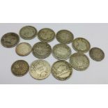 Ten Victorian silver shillings, three Jubilee and seven bun heads, and three Victorian sixpences,