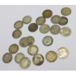 Assorted pre 1920 silver 3d coins, 32g