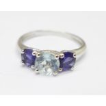 A 9ct white gold, dark and light blue stone set ring, 2.2g, O