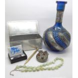 A piece of unmounted Blue John, a stone set scent bottle, a necklace, a bottle and a box