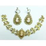 A pair of 800 silver filigree and cameo set earrings and a bracelet