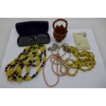 Bead necklaces, brooch, cased glasses, etc.
