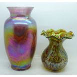 An iridescent glass vase, 22.5cm, and one other glass vase