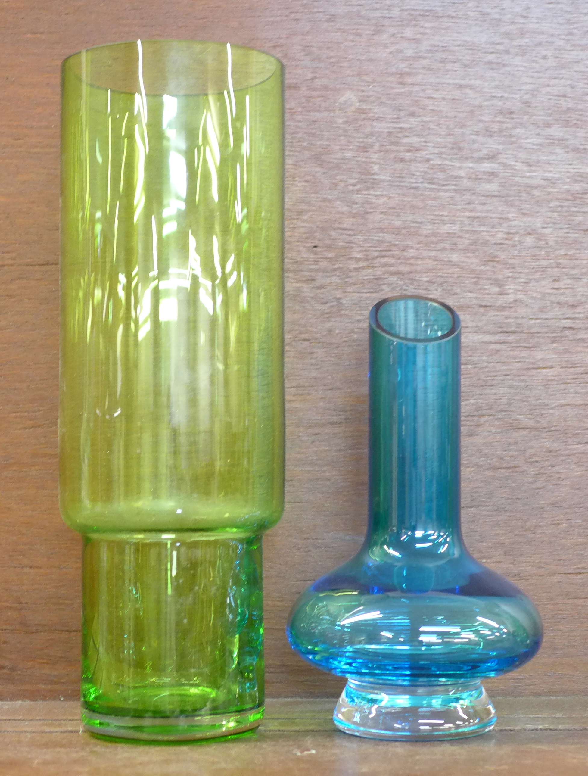 A Riihimaki, Finland, green glass vase, 29cm, and a blue glass vase