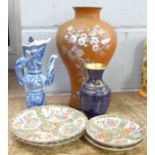 A Korgan metal ovoid vase with mother of pearl, a Chinese wine pot, cloisonne vase and a