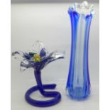 A Murano glass vase and a Murano blue glass vase with two glass sweets