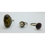 A silver and Blue John ring, a silver and green amber ring and another silver ring, (3)