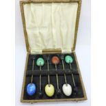 A set of six silver and enamelled coffee spoons, Adie Bros., enamel a/f on two spoons