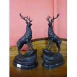 A pair of small French style bronze stags, on black marble socles