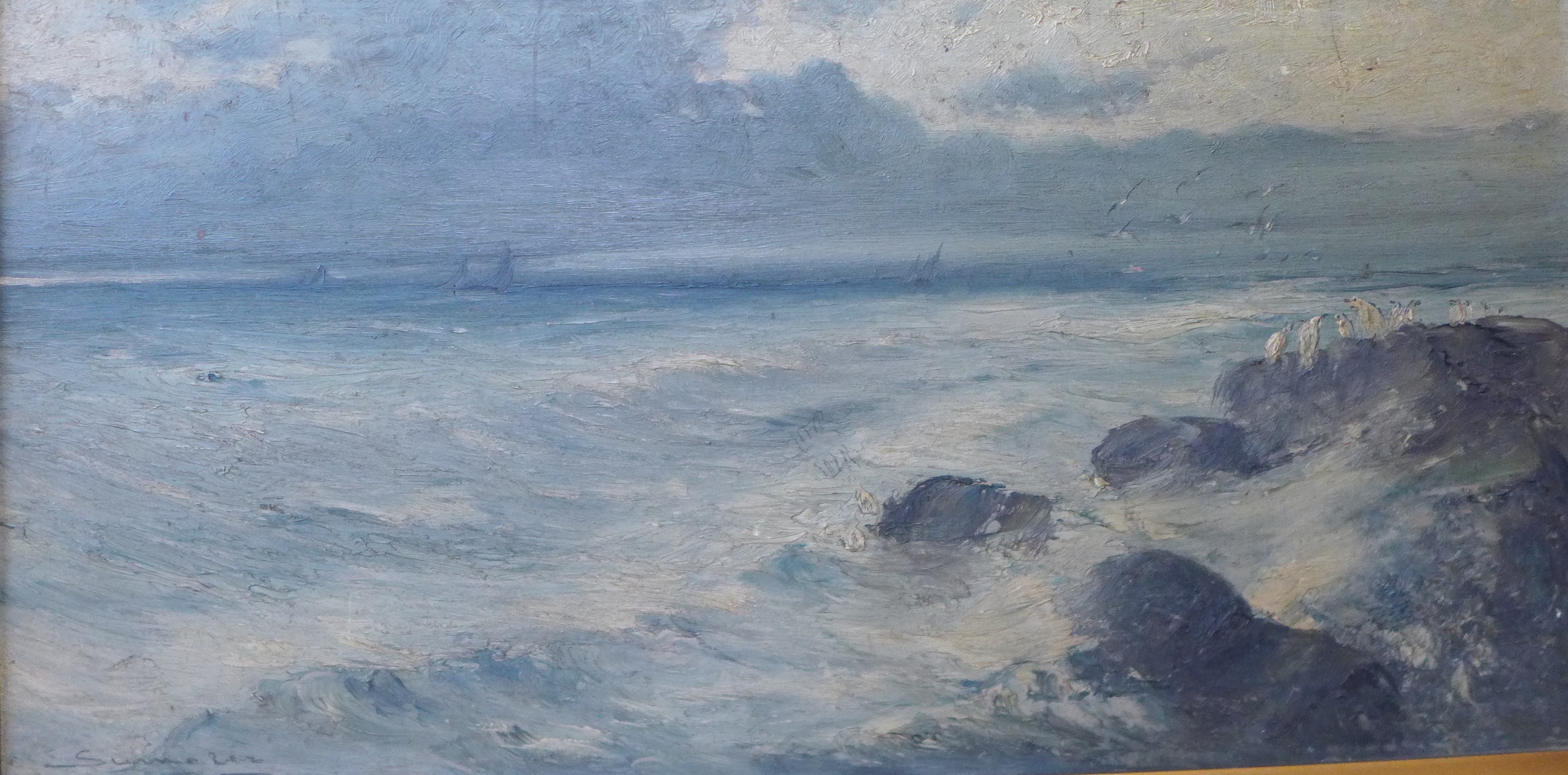 English School, coastal landscape with penguins on rocks, oil on board, indistinctly signed, 25 x