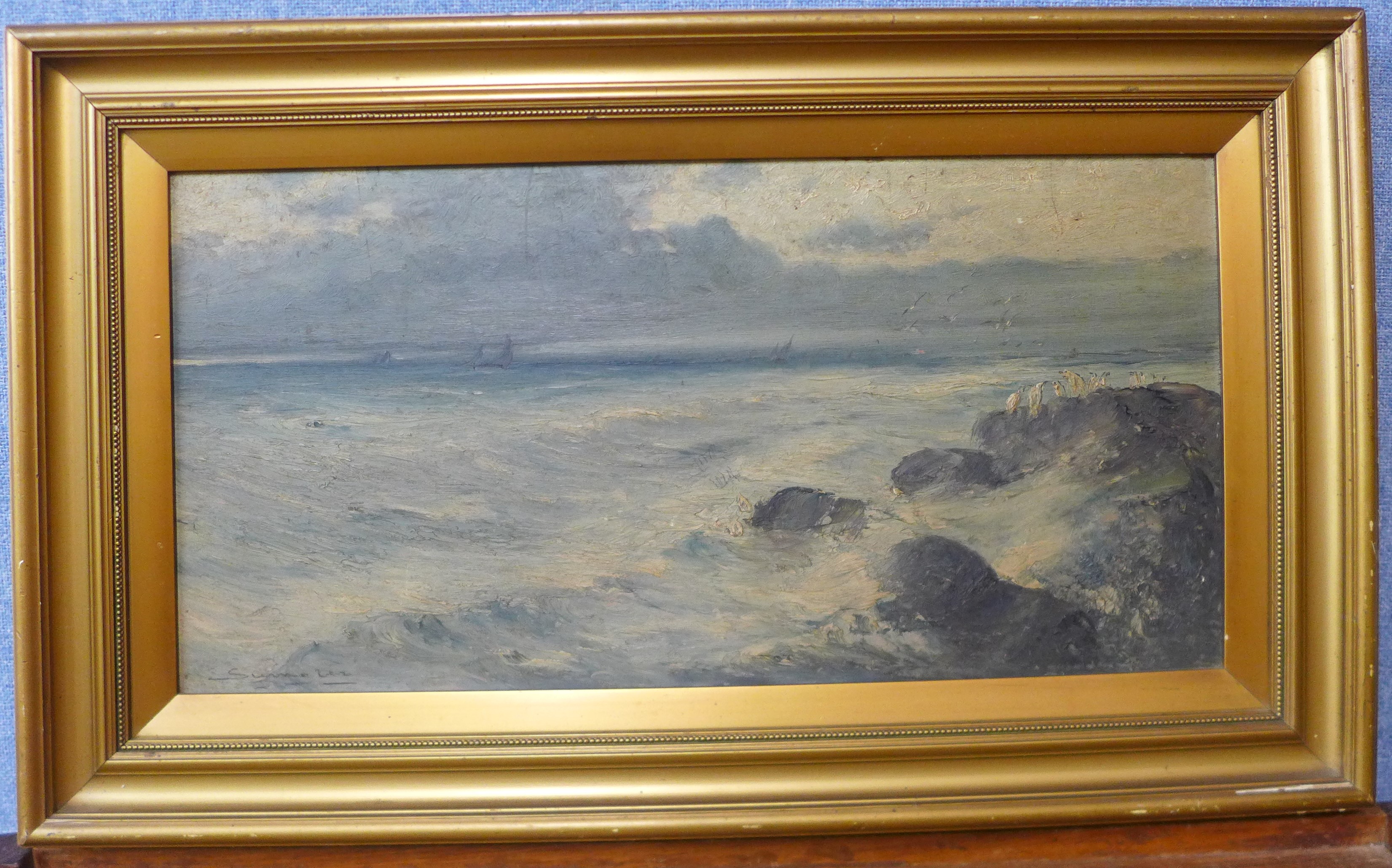 English School, coastal landscape with penguins on rocks, oil on board, indistinctly signed, 25 x - Image 2 of 2