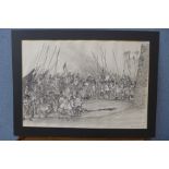 Ray Schofield, battle scene, pen, ink, framed