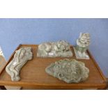 Four assorted concrete garden ornaments