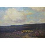 English School, moorland landscape with shepherd and flock, oil on canvas, indistinctly signed, 35 x