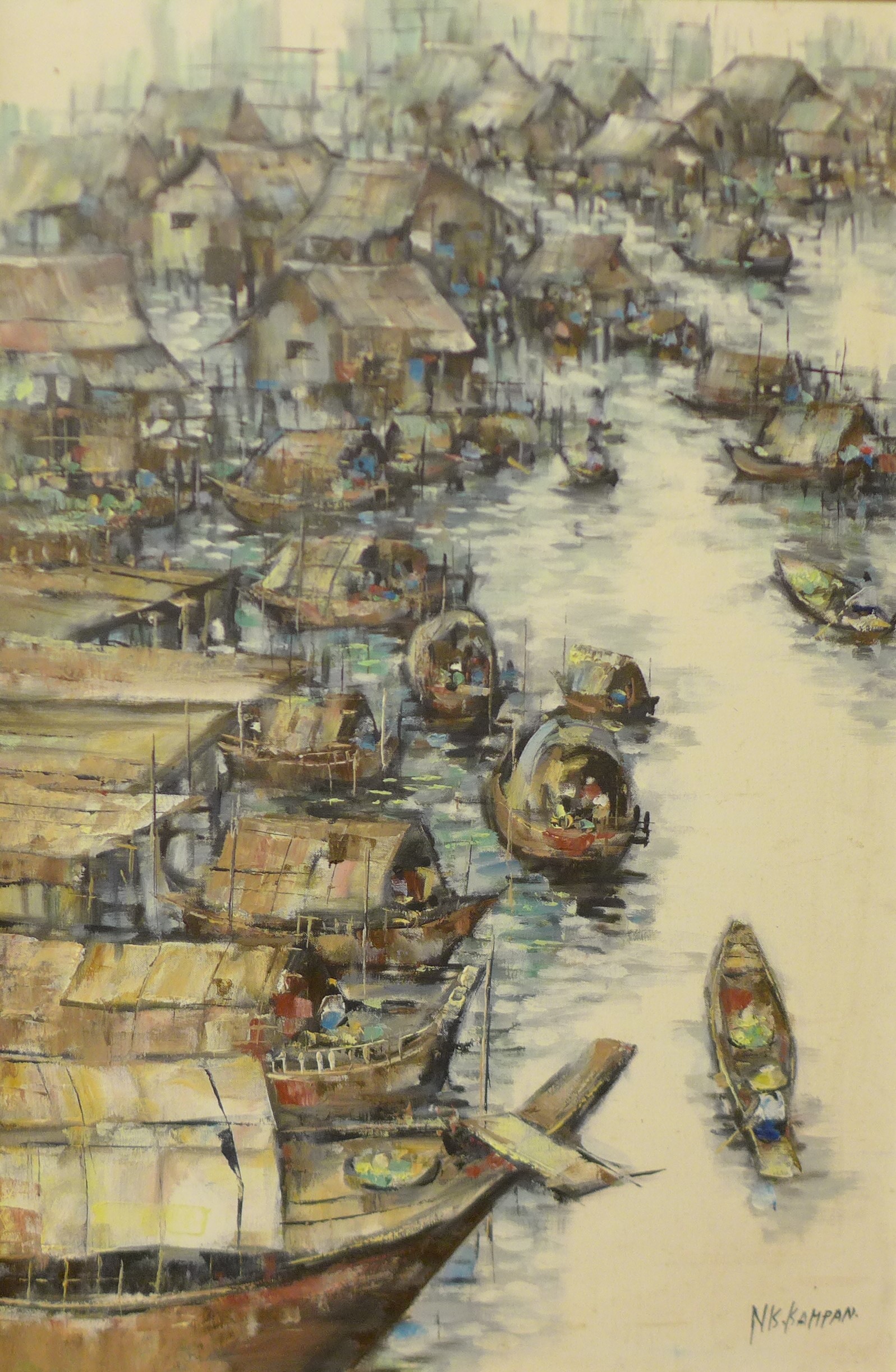 Nikit Kampan (Vietnamese), river scene with boats, oil on 75 x 50cms,, framed