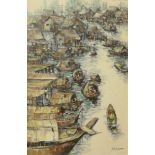 Nikit Kampan (Vietnamese), river scene with boats, oil on 75 x 50cms,, framed