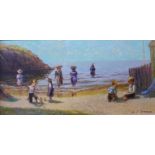 P.J. Attfield, pair of landscapes with children playing on a beach, oil on board, 19 x 39cms, framed