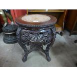 A Chinese marble topped padouk jardiniere stand, 48cms
