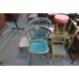 An oak occasional table, two stools and three chairs