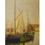 S.V. Lynge, landscape with boats in a harbour, oil on canvas, 64 x 49cms, framed