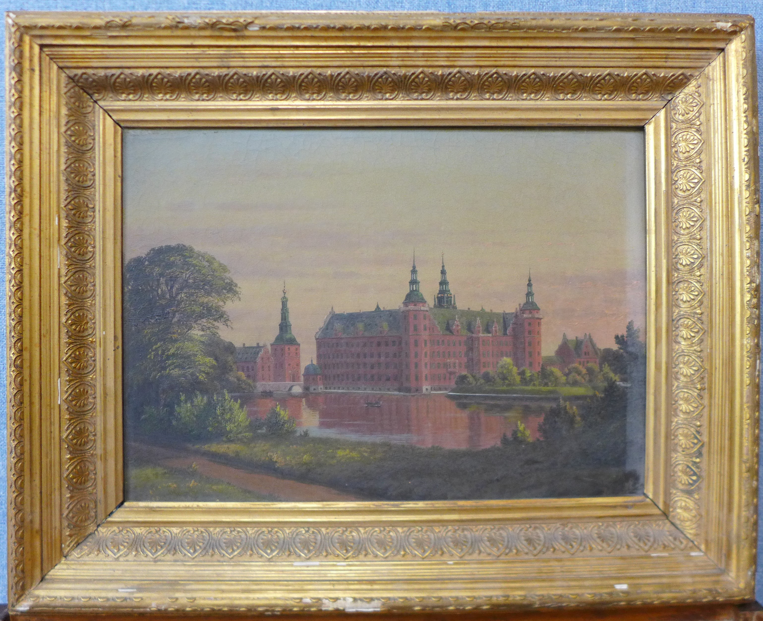 Continental School (19th Century), river landscape with a palace, oil on canvas, indistinctly - Image 2 of 2