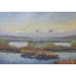 V.A. Larsen, estuary landscape with mallards in flight, oil on canvas, 44 x 64cms, framed