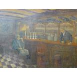 Attributed to Allen Tucker (American 1866-1939), interior bar scene, oil on board, 90 x 121cms,