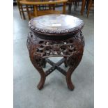 A Chinese marble topped padouk jardiniere stand, 47cms h