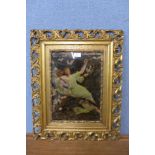 A Victorian chrystoleum, Pre-Raphaelite style portrait of a girl and two oil paintings