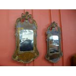 A pair of George I style walnut and parcel gilt framed mirrors, 103cms h