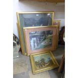 A river landscape with a fisherman, oil on canvas and three prints